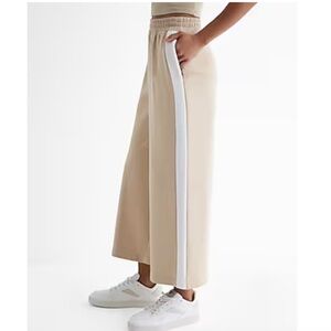 Express khaki beige high waisted crop Wide-Leg sweat Pants White side Stripe NWT